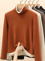 Casual Long Sleeve Turtleneck Color Block Loose Regular T-Shirt