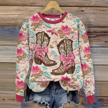 Loose Long Sleeve Crew Neck Floral Zipper Casual Regular Sweatshirt