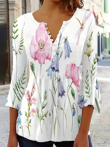 Loose Half Sleeve Crew Neck Floral Casual Regular Blouse