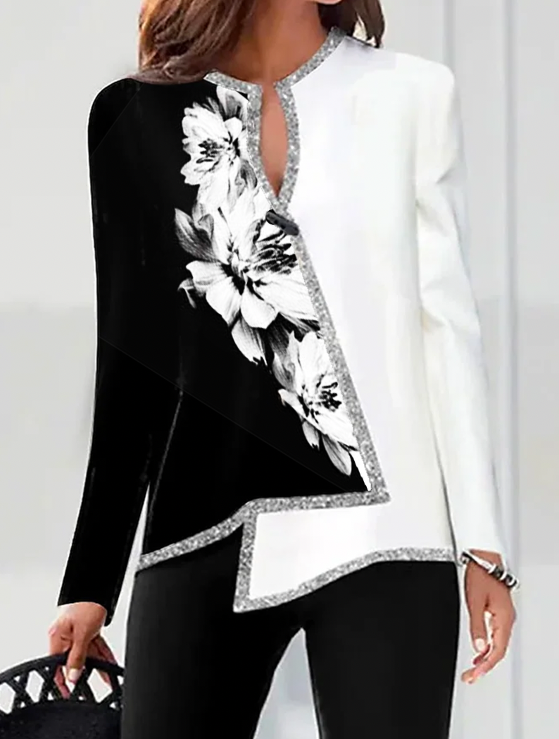 Loose Long Sleeve Notched Floral Party Regular Blouse