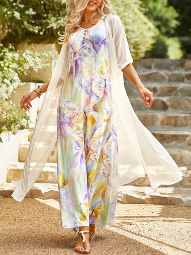 Casual Three Quarter Sleeve Crew Neck Floral Loose Maxi Dress