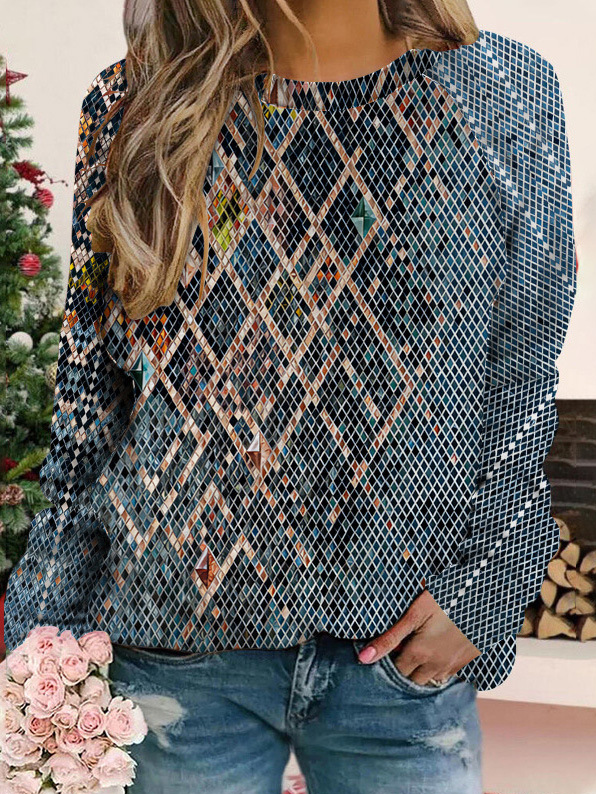 Casual Long Sleeve Crew Neck Ethnic Loose Regular Sweatshirt