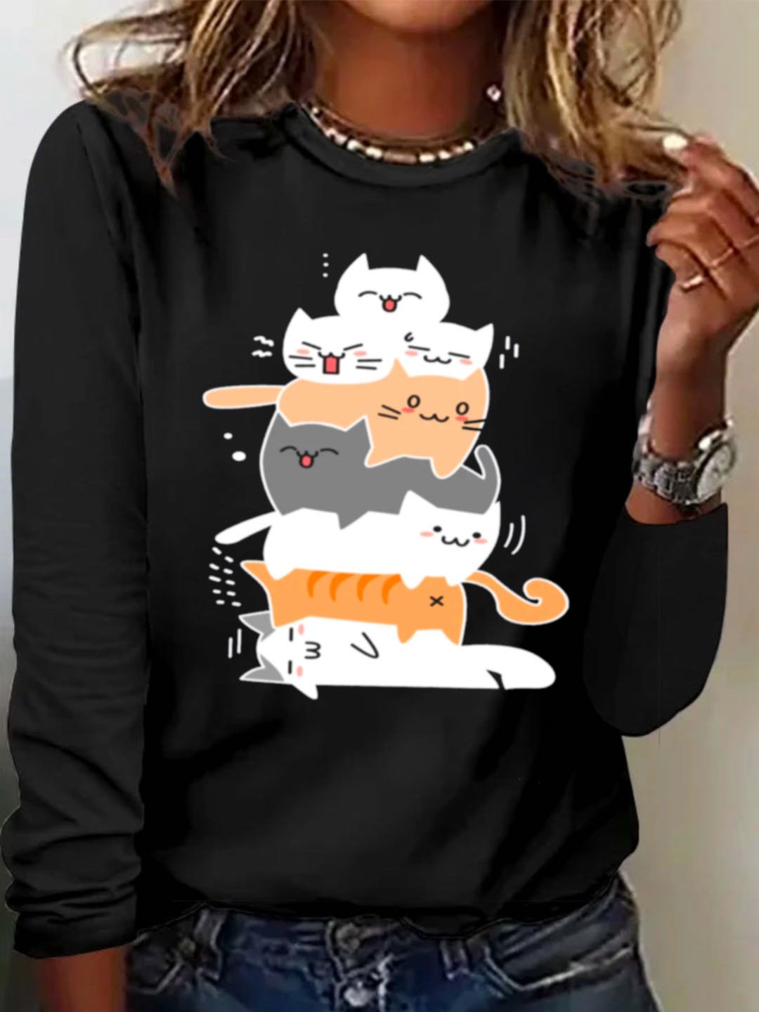 Casual Long Sleeve Crew Neck Cat Loose Regular T-Shirt