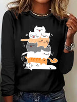 Casual Long Sleeve Crew Neck Cat Loose Regular T-Shirt