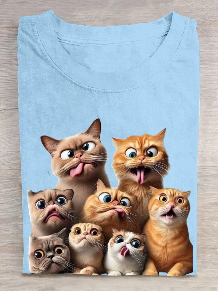 Loose Short Sleeve Crew Neck Cat Casual Regular T-Shirt