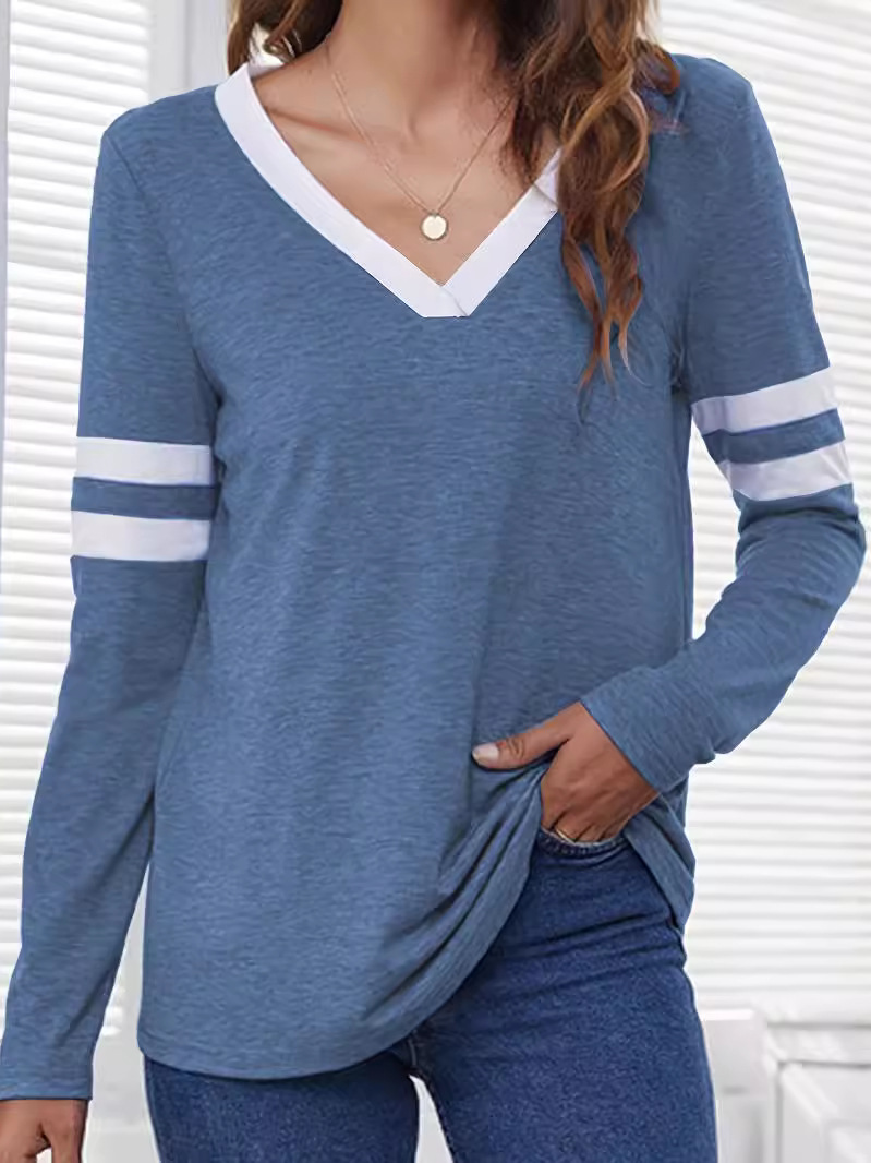 Casual Long Sleeve V Neck Color Block Loose Regular T-Shirt