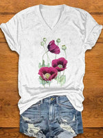 Casual Short Sleeve V Neck Floral Loose Regular T-Shirt