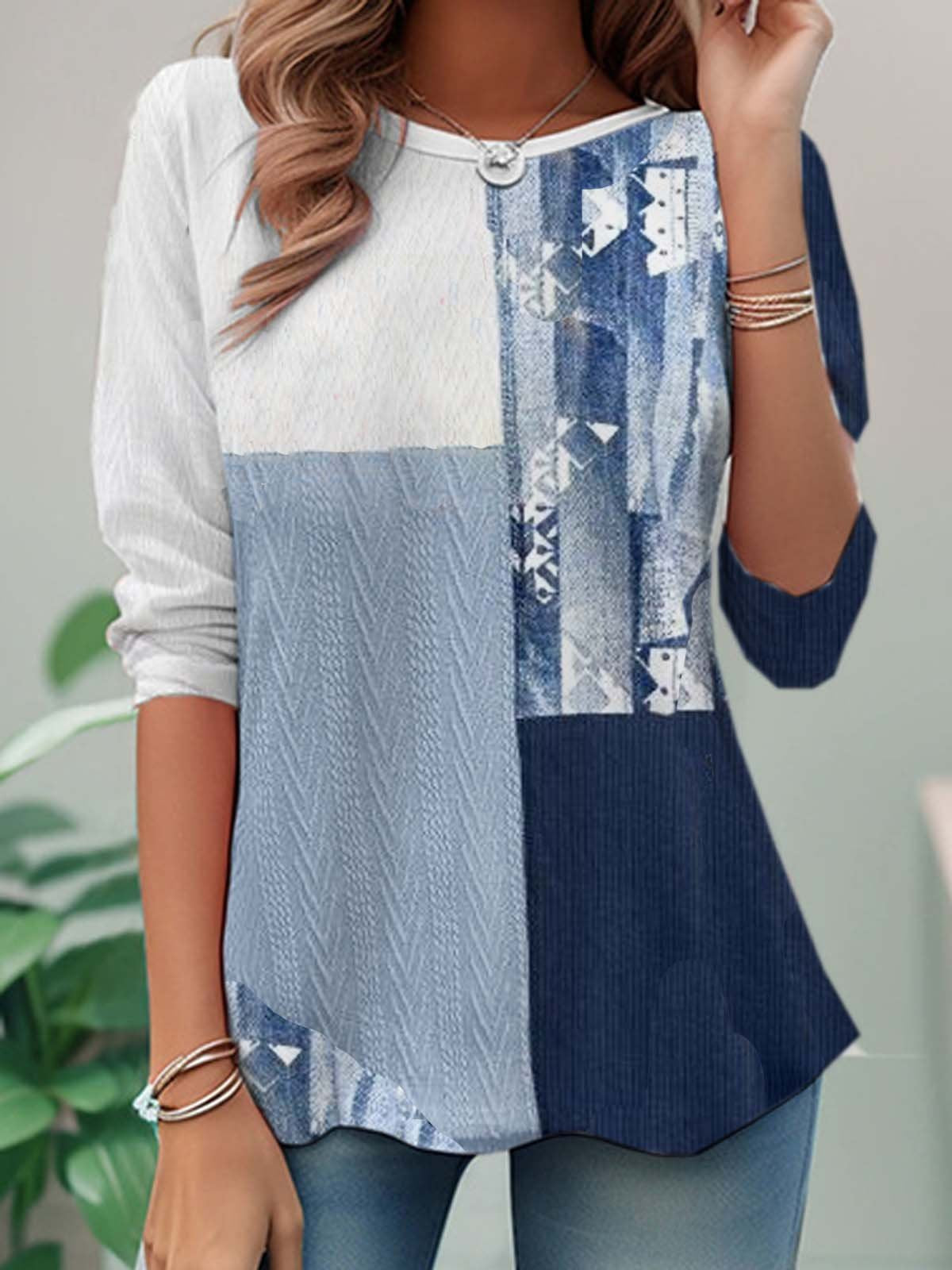 Casual Long Sleeve Crew Neck Geometric Floral Loose Regular T-Shirt