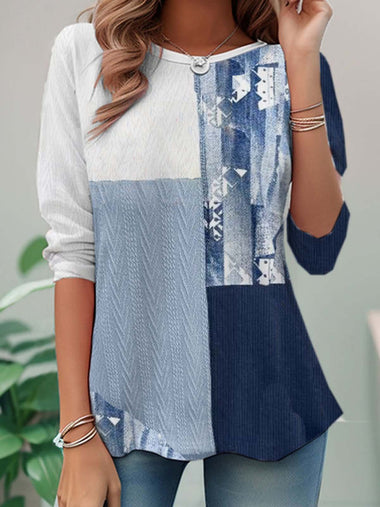 Casual Long Sleeve Crew Neck Geometric Floral Loose Regular T-Shirt