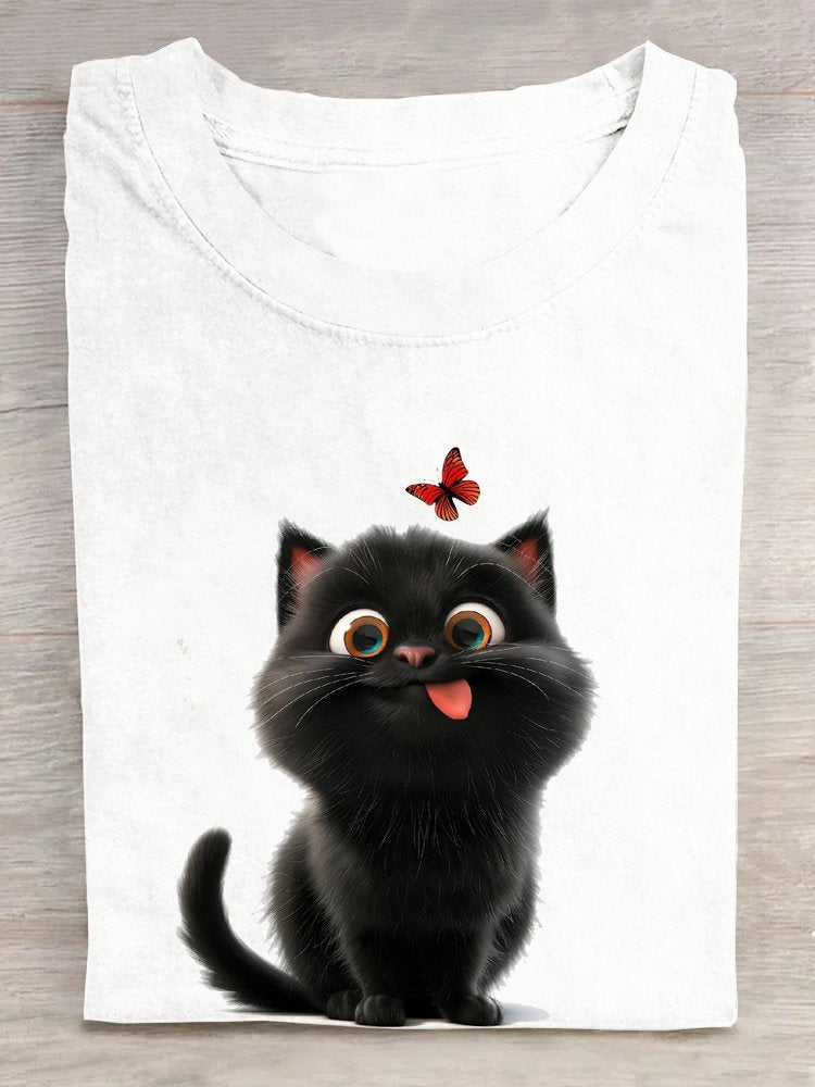 Casual Short Sleeve Crew Neck Cat Loose Regular T-Shirt