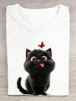 Casual Short Sleeve Crew Neck Cat Loose Regular T-Shirt