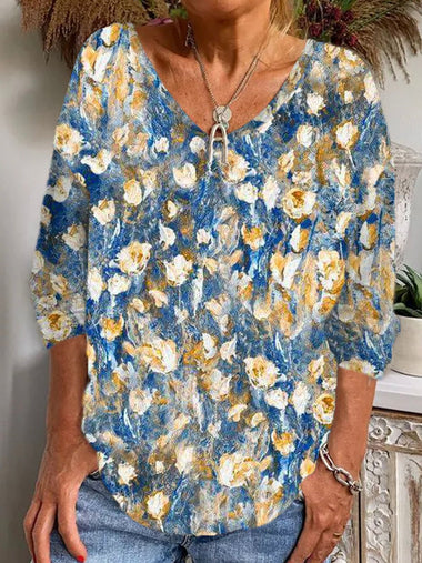 Casual Long Sleeve V Neck Floral Loose Regular T-Shirt