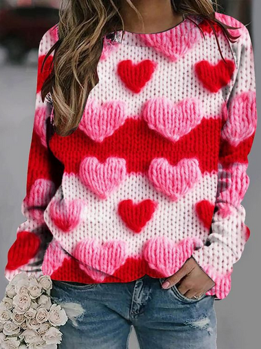 Casual Long Sleeve Crew Neck Floral Heart Loose Regular Sweatshirt