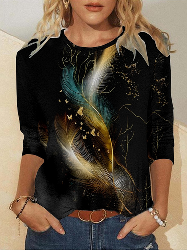 Loose Long Sleeve Crew Neck Abstract Casual Regular T-Shirt