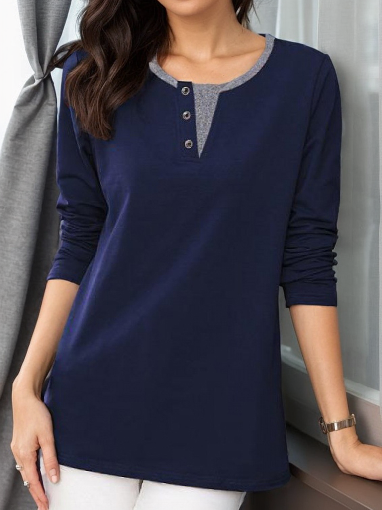 Casual Long Sleeve Crew Neck Plain Loose Regular T-Shirt