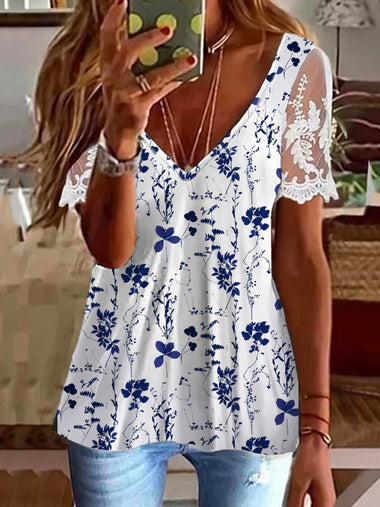 Casual Short Sleeve V Neck Floral Loose Mid-Long Blouse