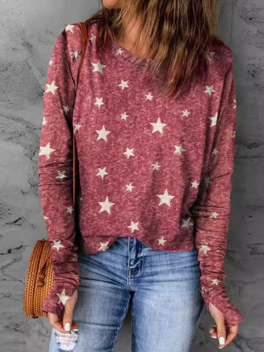 Casual Long Sleeve Crew Neck Star Loose Regular T-Shirt