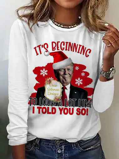 Loose Long Sleeve Crew Neck Christmas Casual Regular T-Shirt