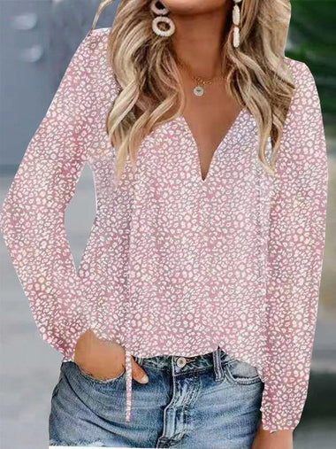 Casual Long Sleeve V Neck Ditsy Floral Loose Regular Blouse