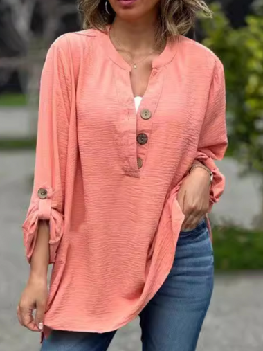 Casual Long Sleeve V Neck Plain Loose Regular Blouse