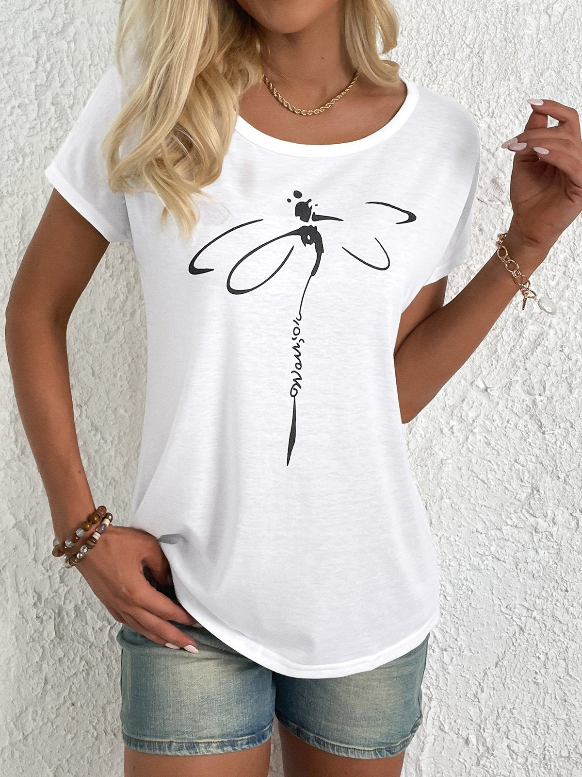 Loose Short Sleeve Crew Neck Dragonfly Casual Regular T-Shirt