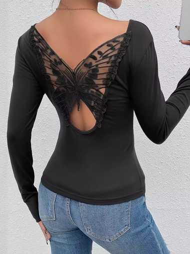 Casual Three Quarter Sleeve Crew Neck Butterfly Loose Regular T-Shirt
