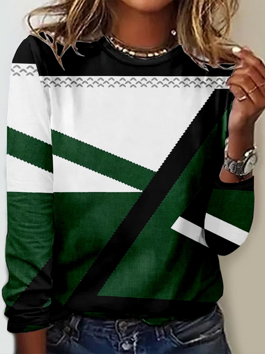 Loose Long Sleeve Crew Neck Geometric Casual Regular T-Shirt