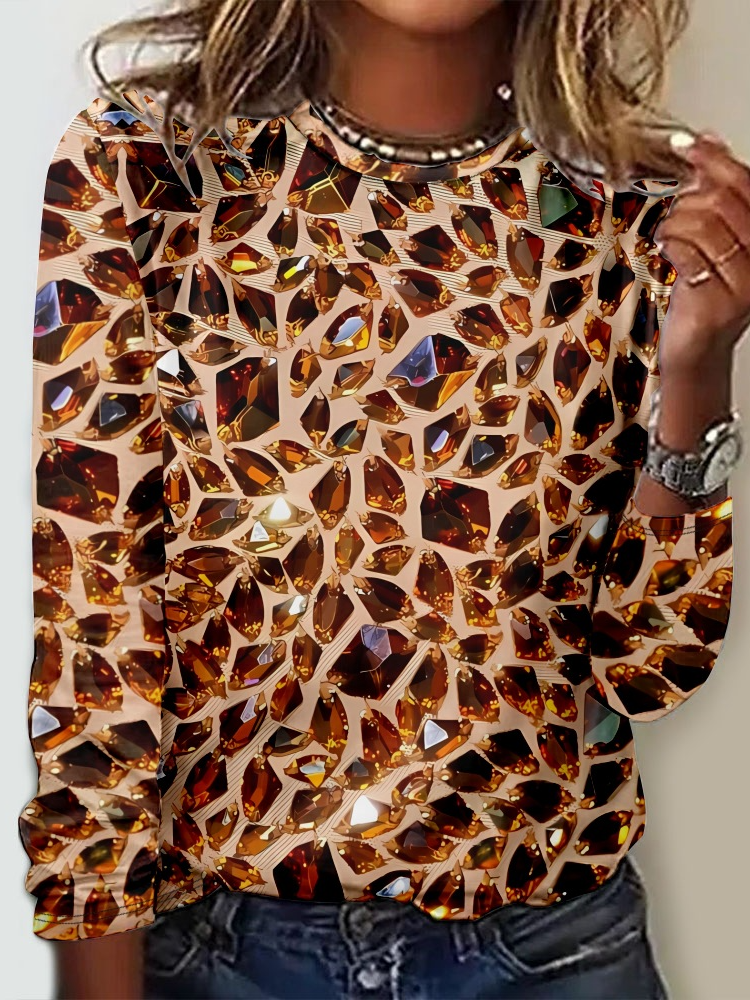 Casual Long Sleeve Crew Neck Ethnic Loose Regular T-Shirt