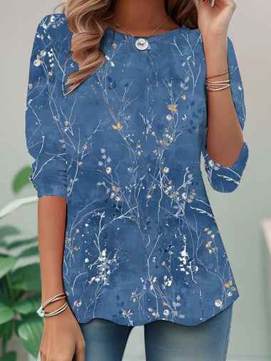 Casual Long Sleeve Crew Neck Floral Loose Regular Blouse