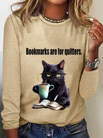 Casual Long Sleeve Crew Neck Cat Loose Regular T-Shirt