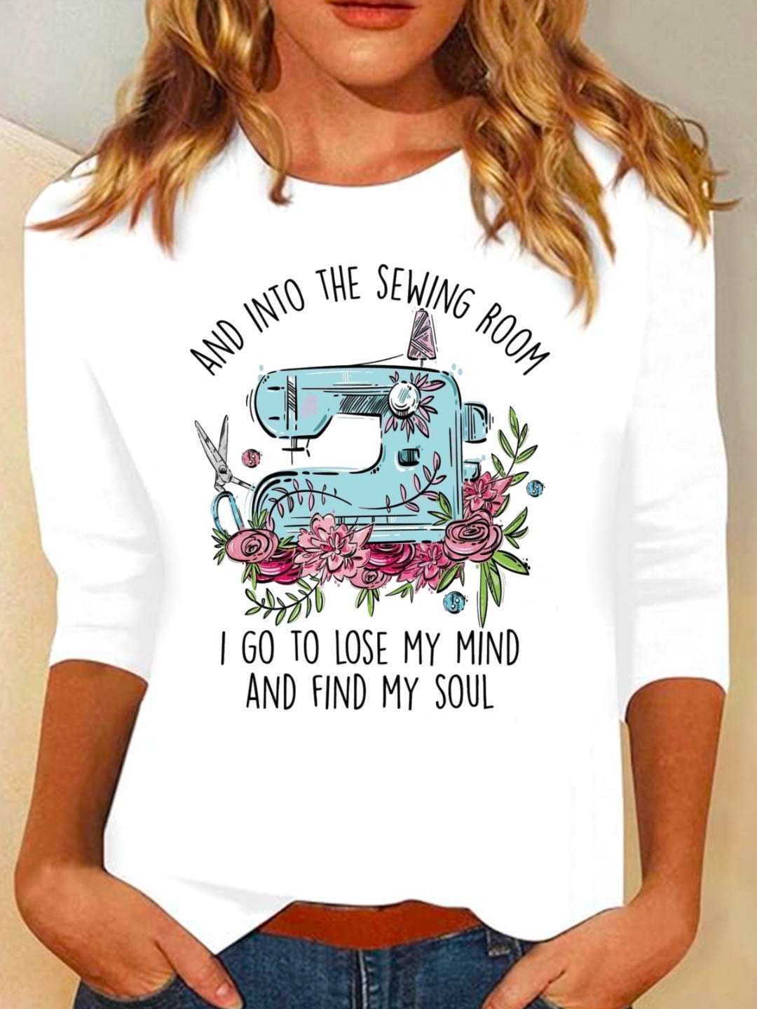 Loose Long Sleeve Crew Neck Floral Casual Regular T-Shirt
