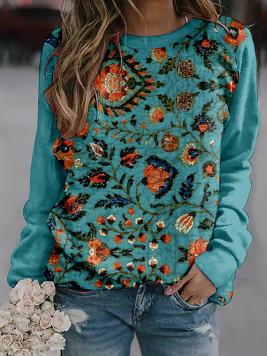 Loose Long Sleeve Crew Neck Floral Casual Regular Sweatshirt
