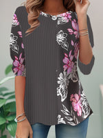 Loose Long Sleeve Crew Neck Floral Color Block Casual Regular T-Shirt