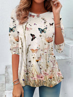 Loose Long Sleeve Crew Neck Floral Casual Regular Blouse