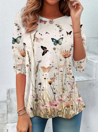 Loose Long Sleeve Crew Neck Floral Casual Regular Blouse