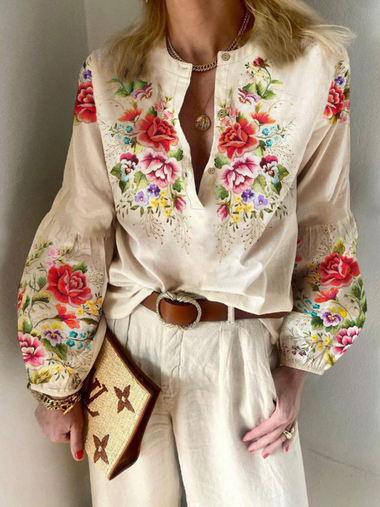 Casual Long Sleeve V Neck Floral Loose Regular Blouse