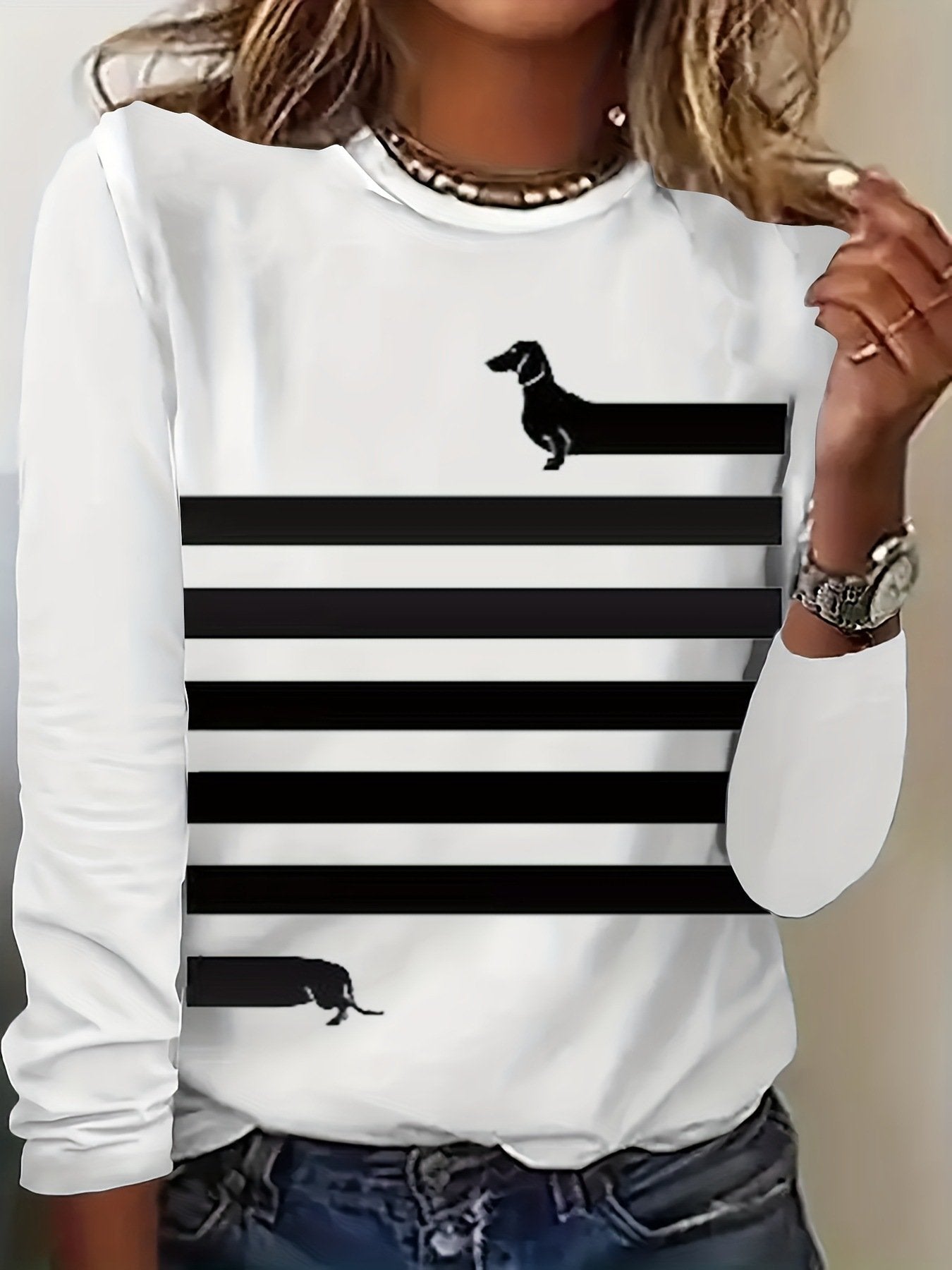 Loose Long Sleeve Crew Neck Striped Casual Regular Blouse