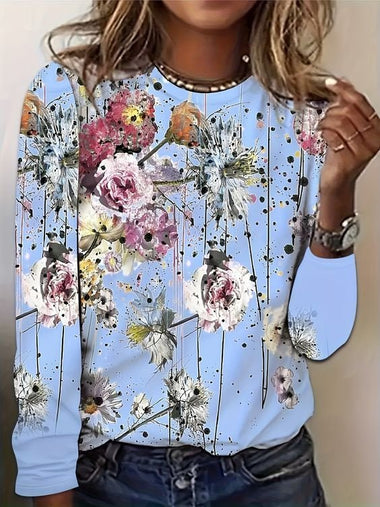 Loose Long Sleeve Crew Neck Floral Casual Regular T-Shirt