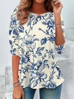 Loose Long Sleeve Crew Neck Floral Casual Regular Blouse