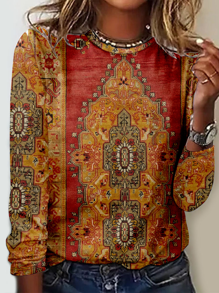 Casual Long Sleeve Crew Neck Nationality Loose Regular T-Shirt