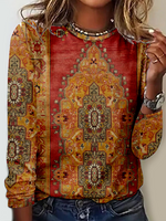 Casual Long Sleeve Crew Neck Nationality Loose Regular T-Shirt