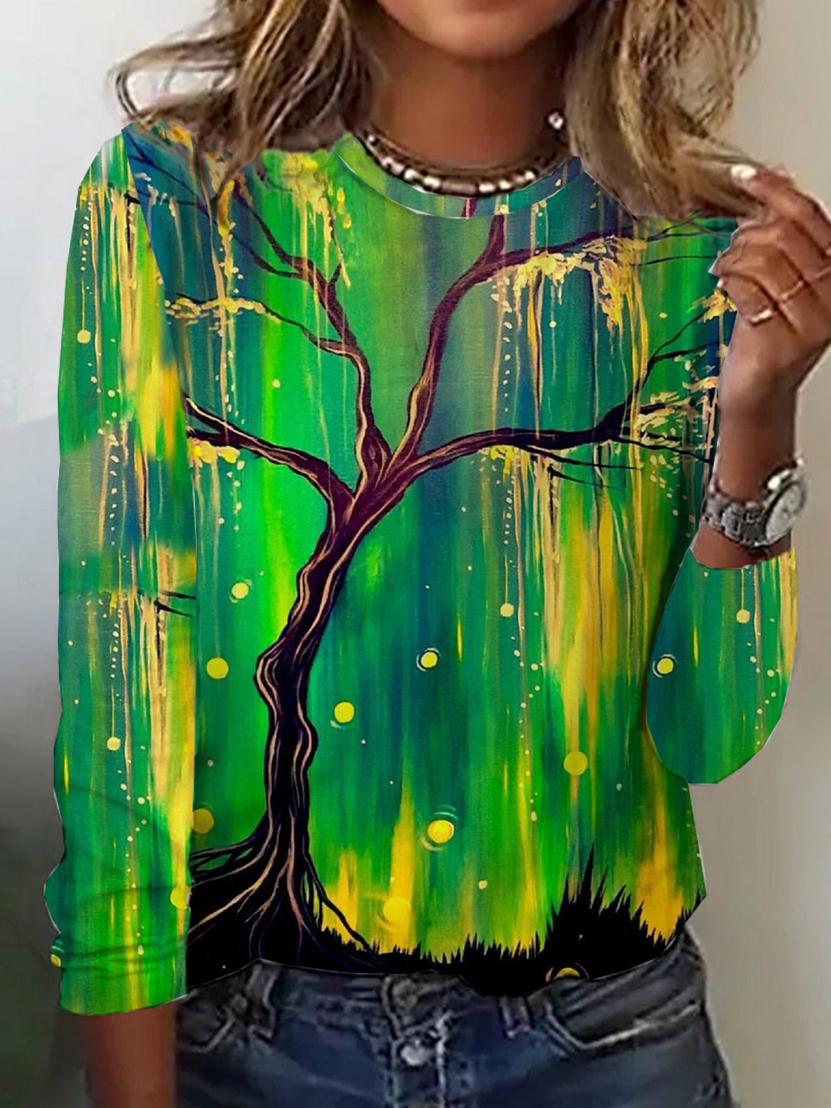 Casual Long Sleeve Crew Neck Leaf Loose Regular T-Shirt