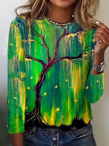 Casual Long Sleeve Crew Neck Leaf Loose Regular T-Shirt