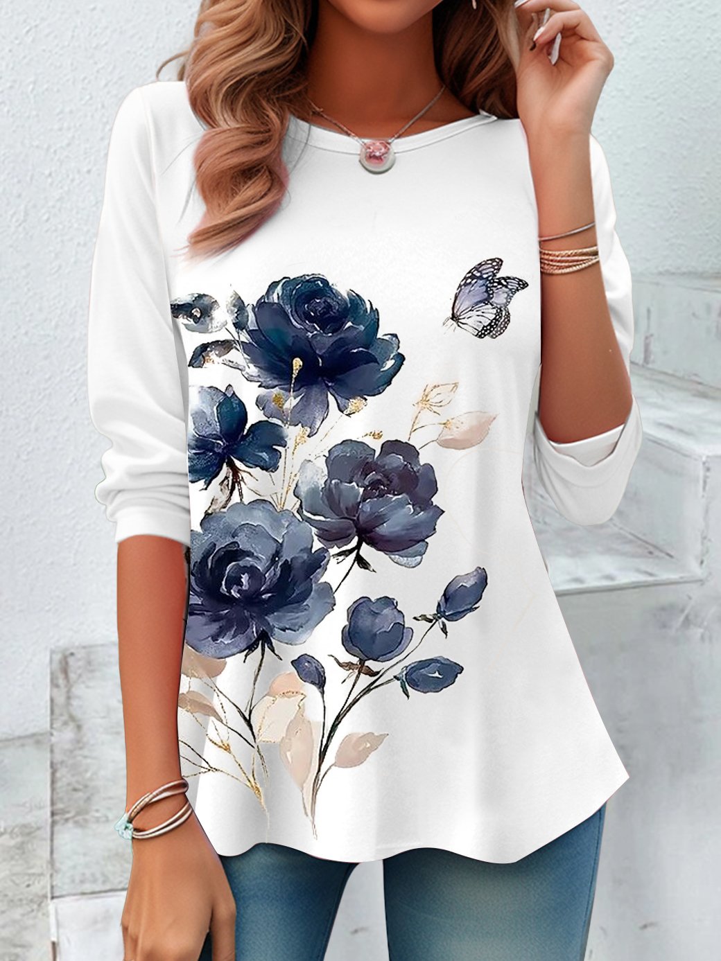 Loose Long Sleeve Crew Neck Floral Casual Regular T-Shirt