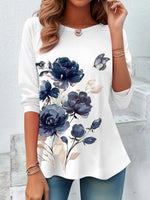 Loose Long Sleeve Crew Neck Floral Casual Regular T-Shirt