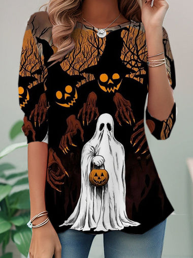 Loose Long Sleeve Crew Neck Floral Casual Regular T-Shirt