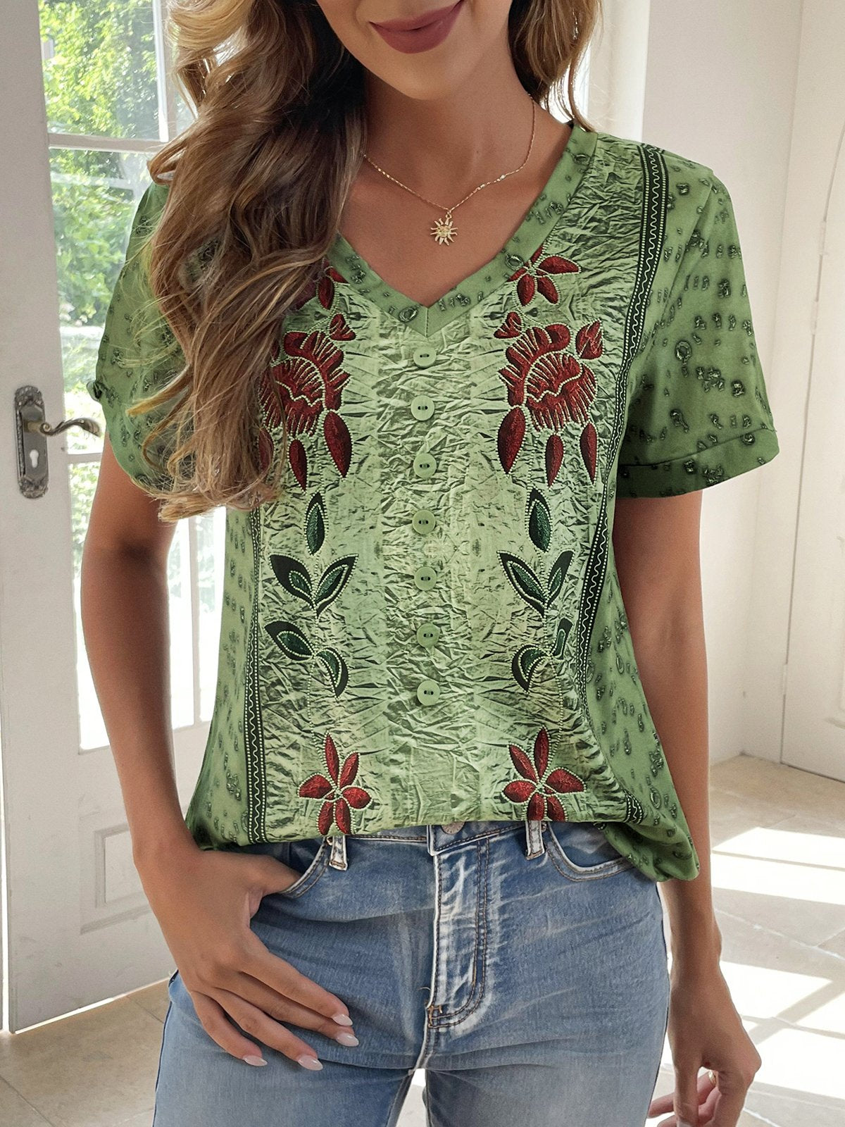Casual Short Sleeve V Neck Floral Loose Regular Blouse