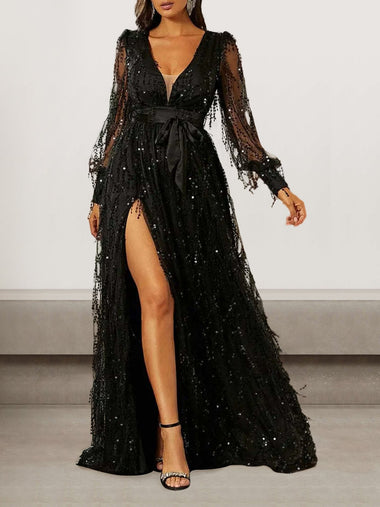 Sexy Long Sleeve V Neck Plain Tight Maxi Dress