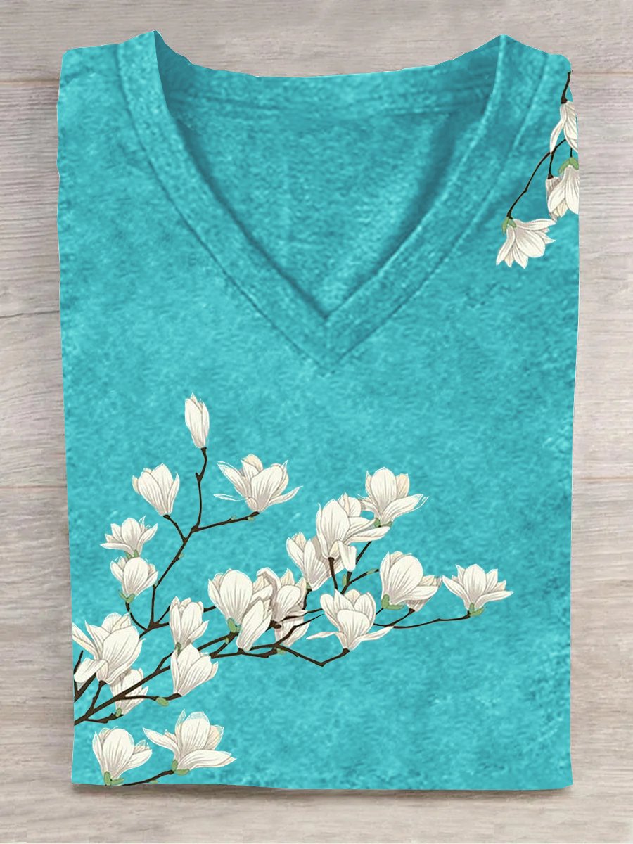 Loose Short Sleeve V Neck Floral Casual Regular T-Shirt