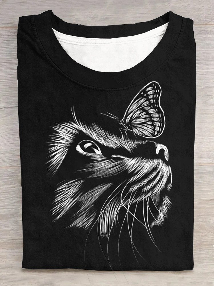 Loose Short Sleeve Crew Neck Cat Casual Regular T-Shirt